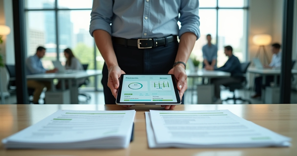Small business owner comparing two accounting proposals in a modern office