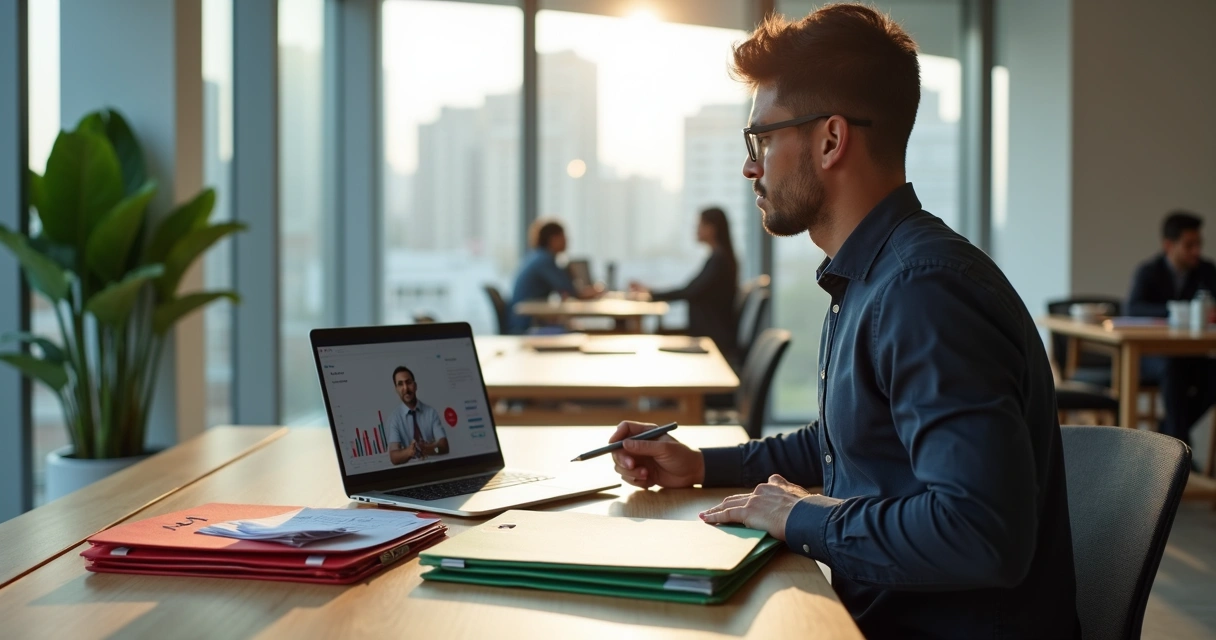 Business owner in modern coworking space reviewing documents and choosing a new accountant 