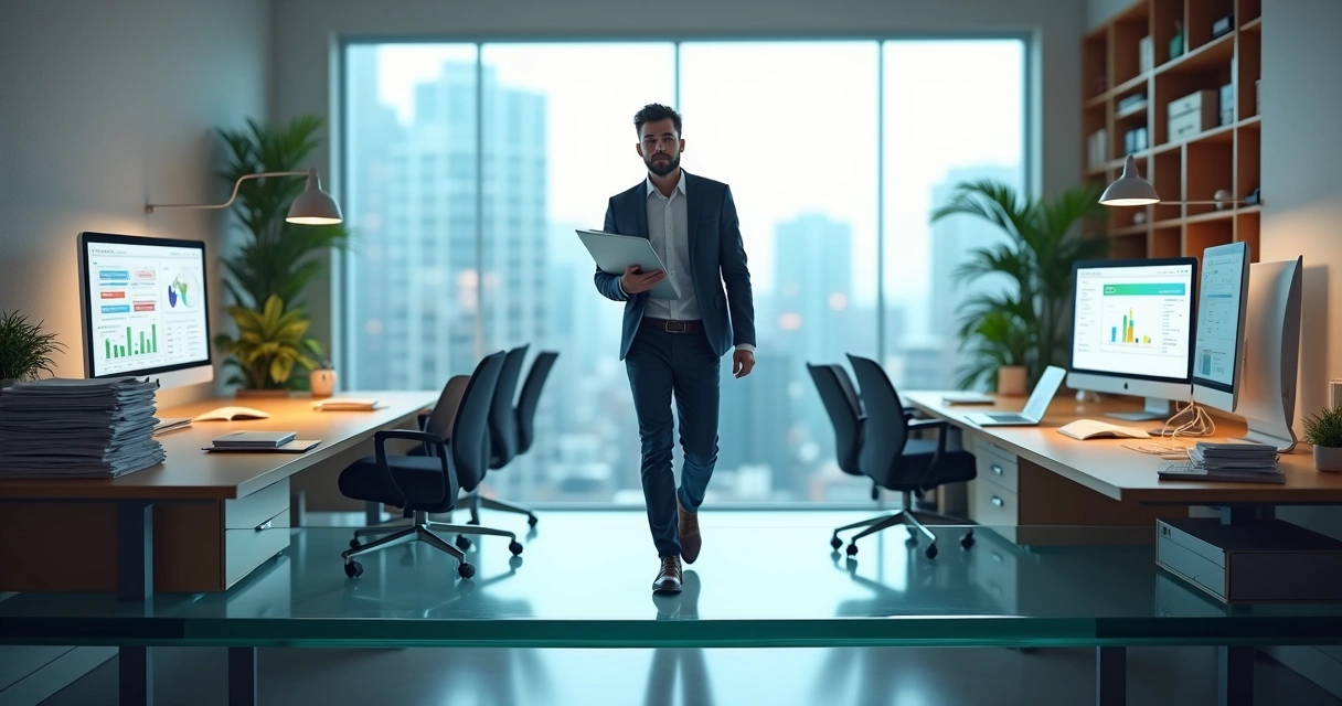 Business owner reviewing documents while crossing an office bridge between two accounting teams 