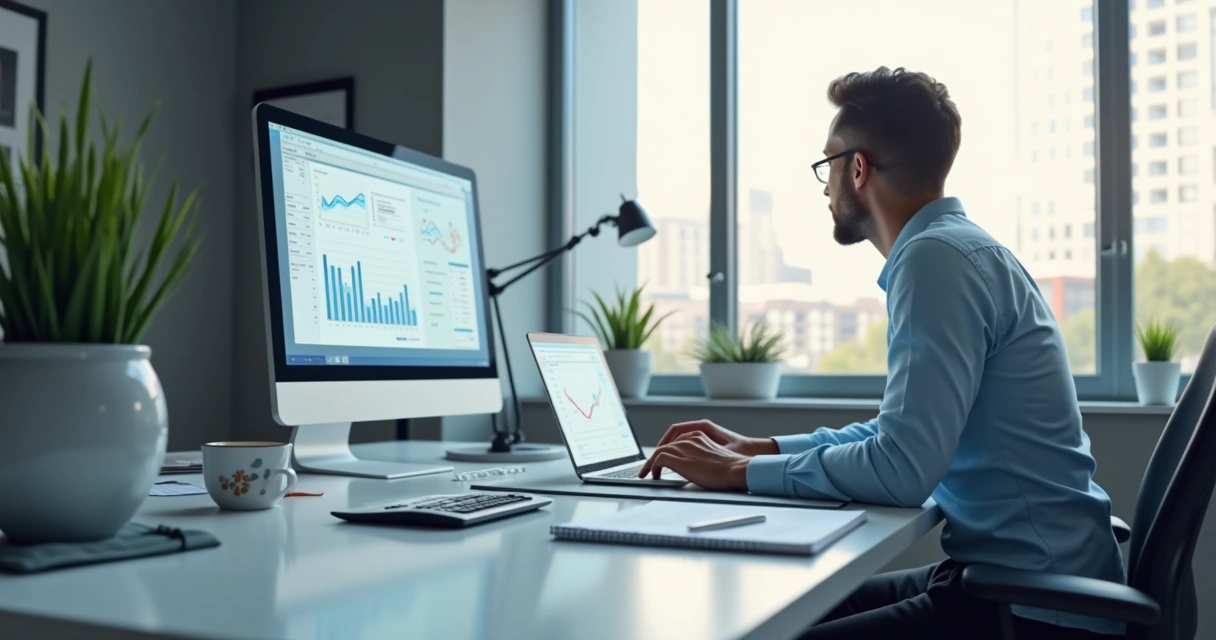 Contador analisando relatórios financeiros no notebook com planilhas e calculadora na mesa