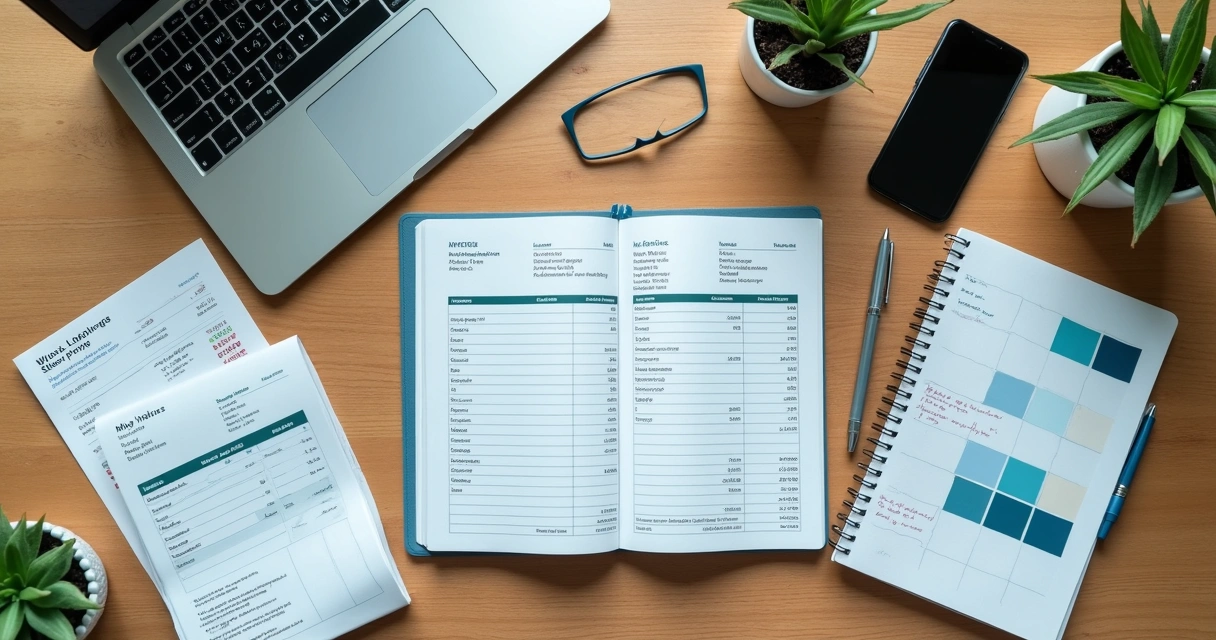 Planilha financeira e materiais de design na mesa 