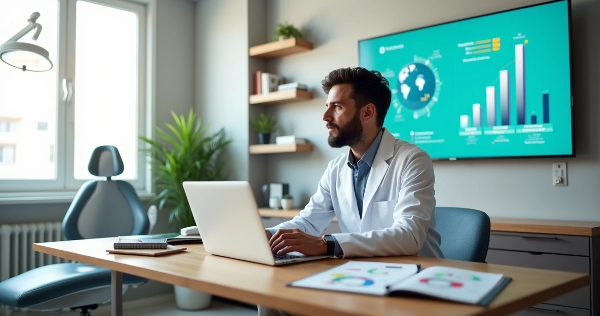 Dentist in modern office reviewing tax planning with charts for clinic and courses 