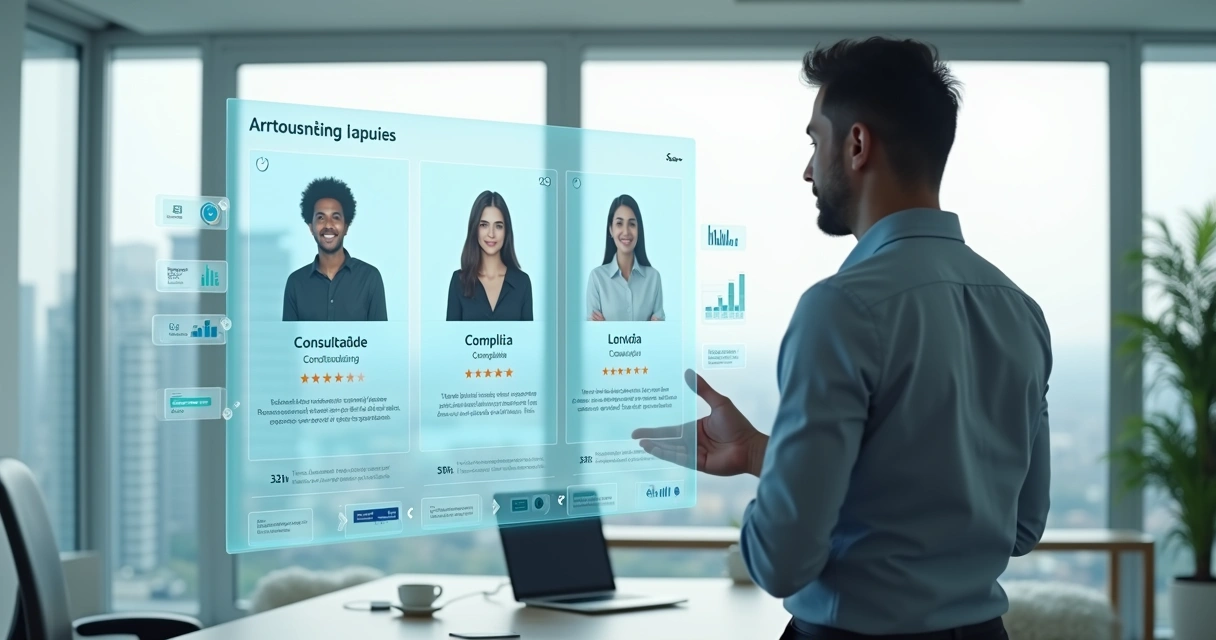 Entrepreneur using a large transparent digital dashboard to compare different accountants 