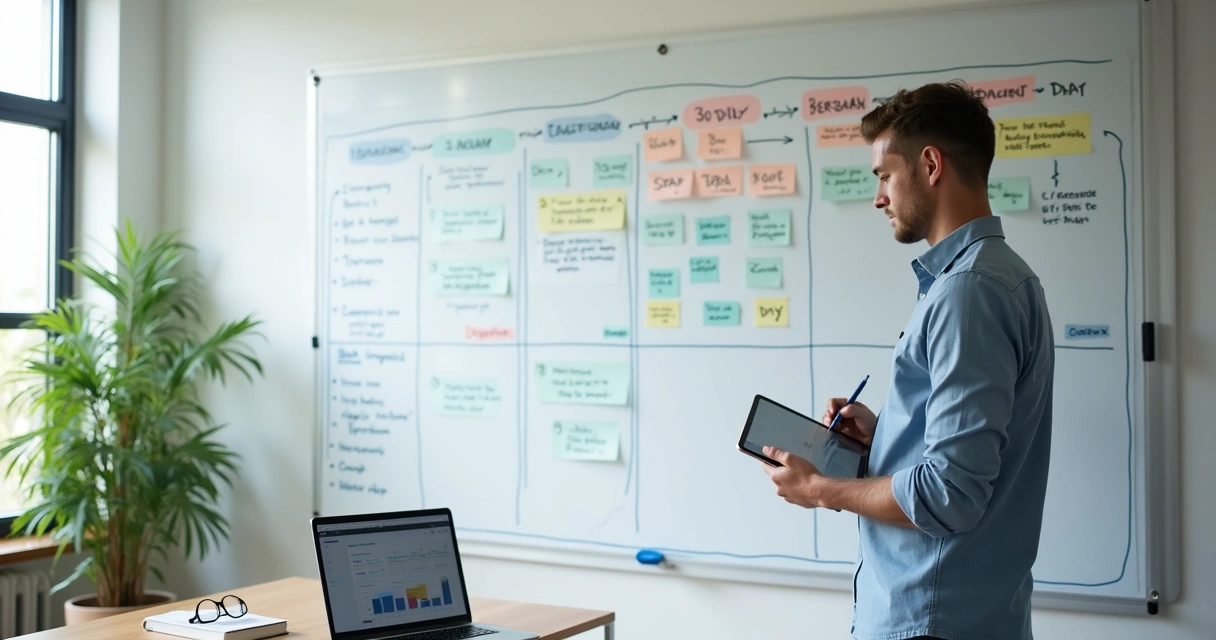 Project wall with numbered steps for digital accounting onboarding and a founder reviewing the plan 