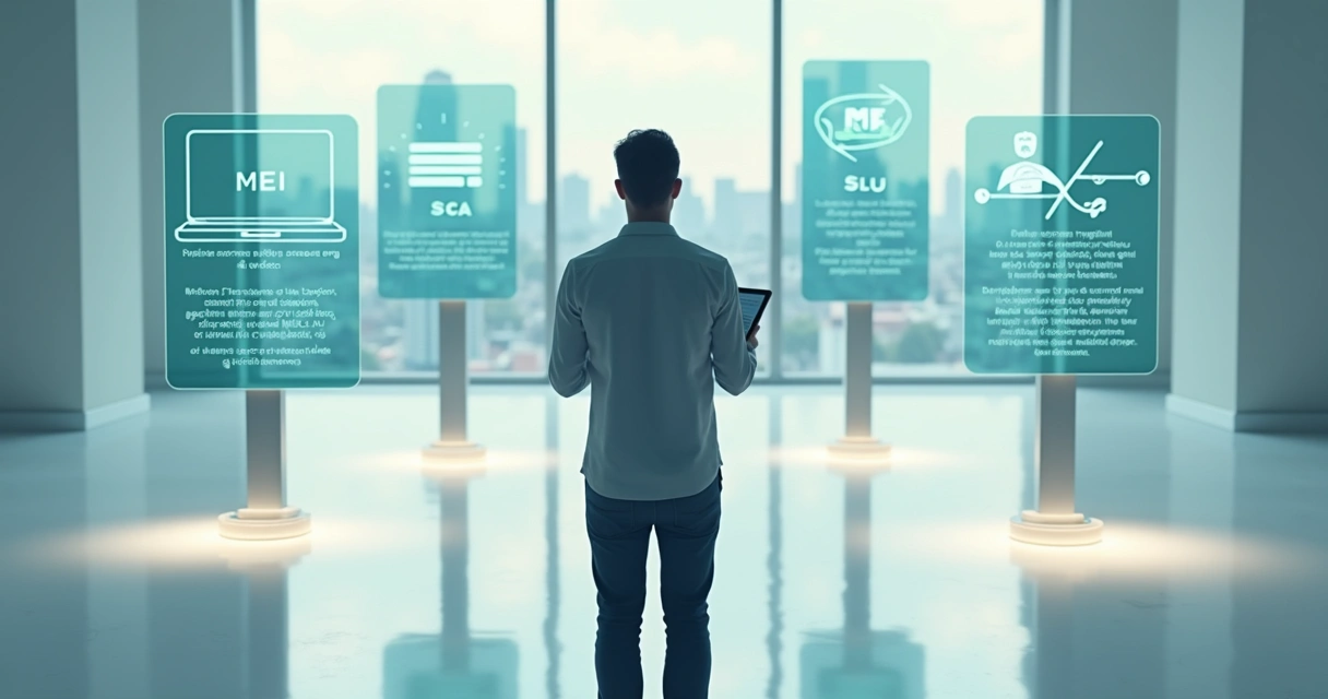 Brazilian digital entrepreneur standing on crossroads of different business structures 