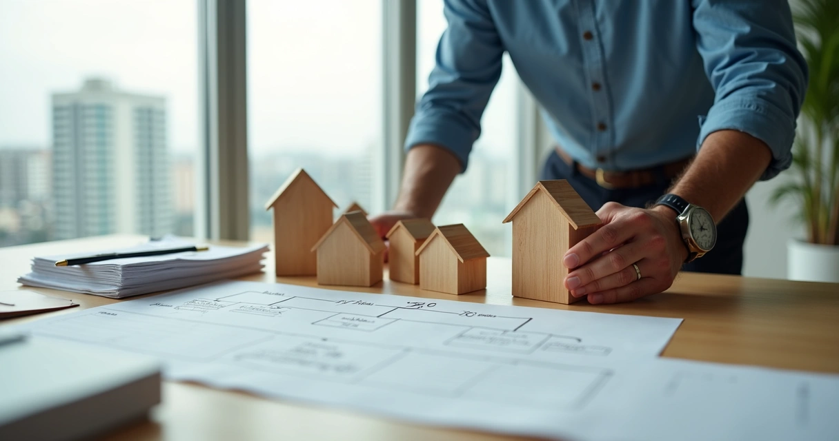 Digital entrepreneur arranging wooden house figures and documents on a table 