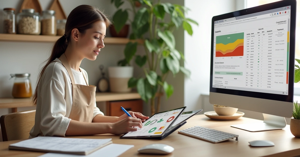Nutricionista digital revisando planejamento financeiro e tributário em mesa com tablet e anotações 