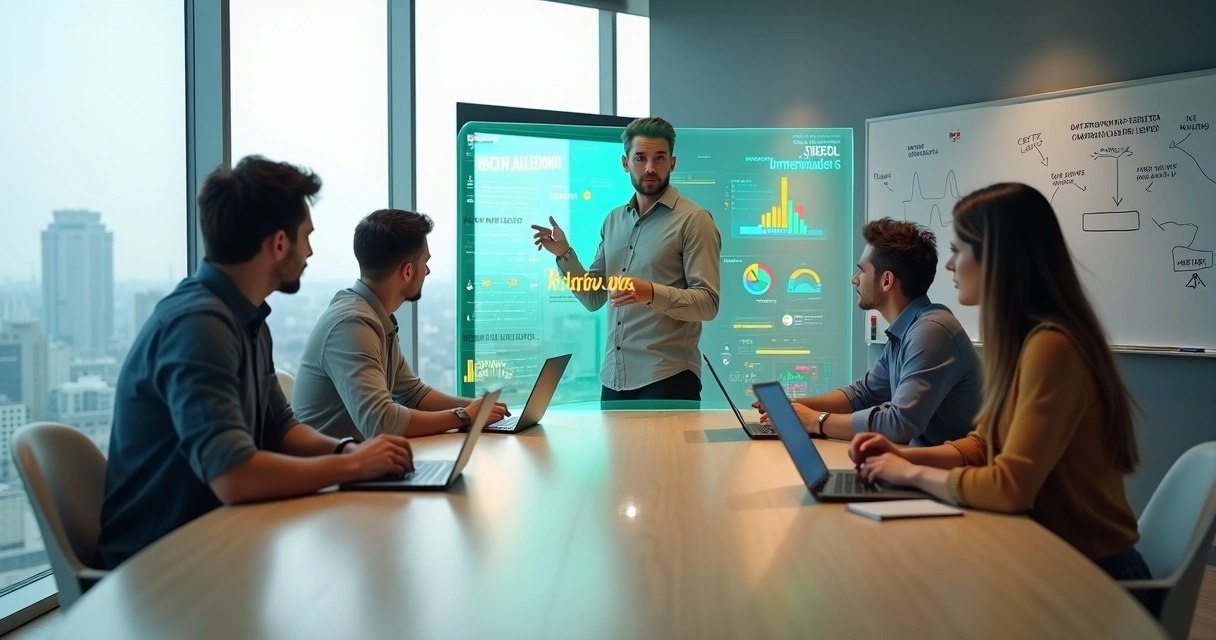 Digital entrepreneurs around table analyzing profit distribution charts 