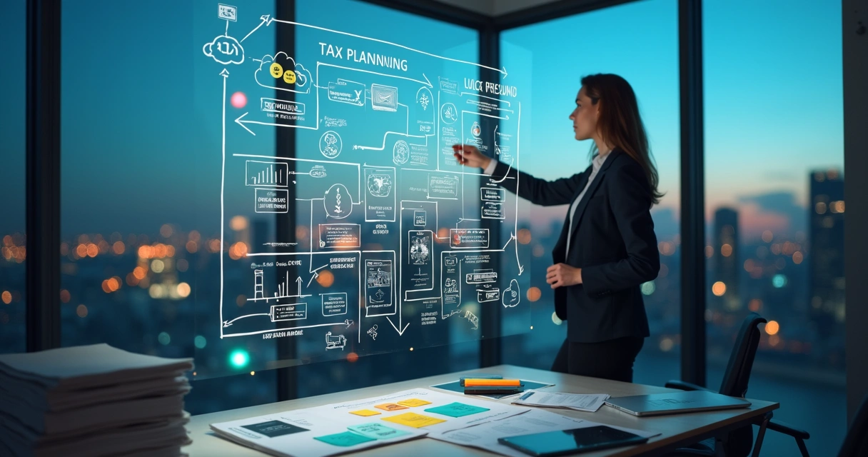 Tax consultant drawing digital tax strategy map on glass board 