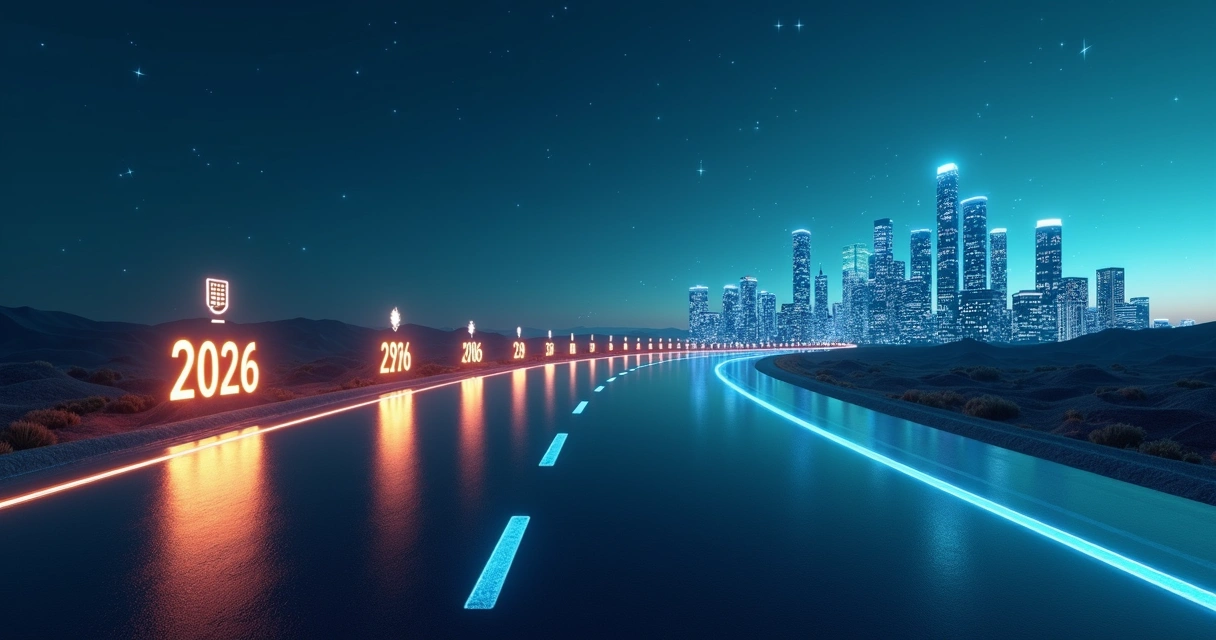 3D city skyline made of tax icons forming a road-like timeline to 2033 
