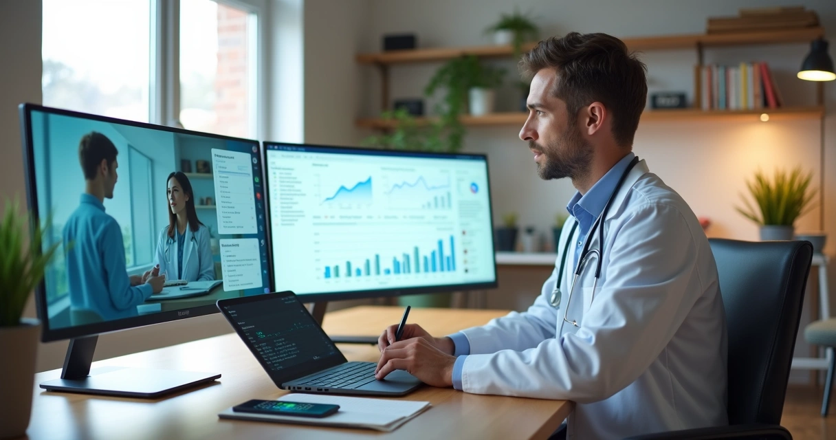 Médico em consultório moderno vendo diferentes fontes de renda médicas em tela digital