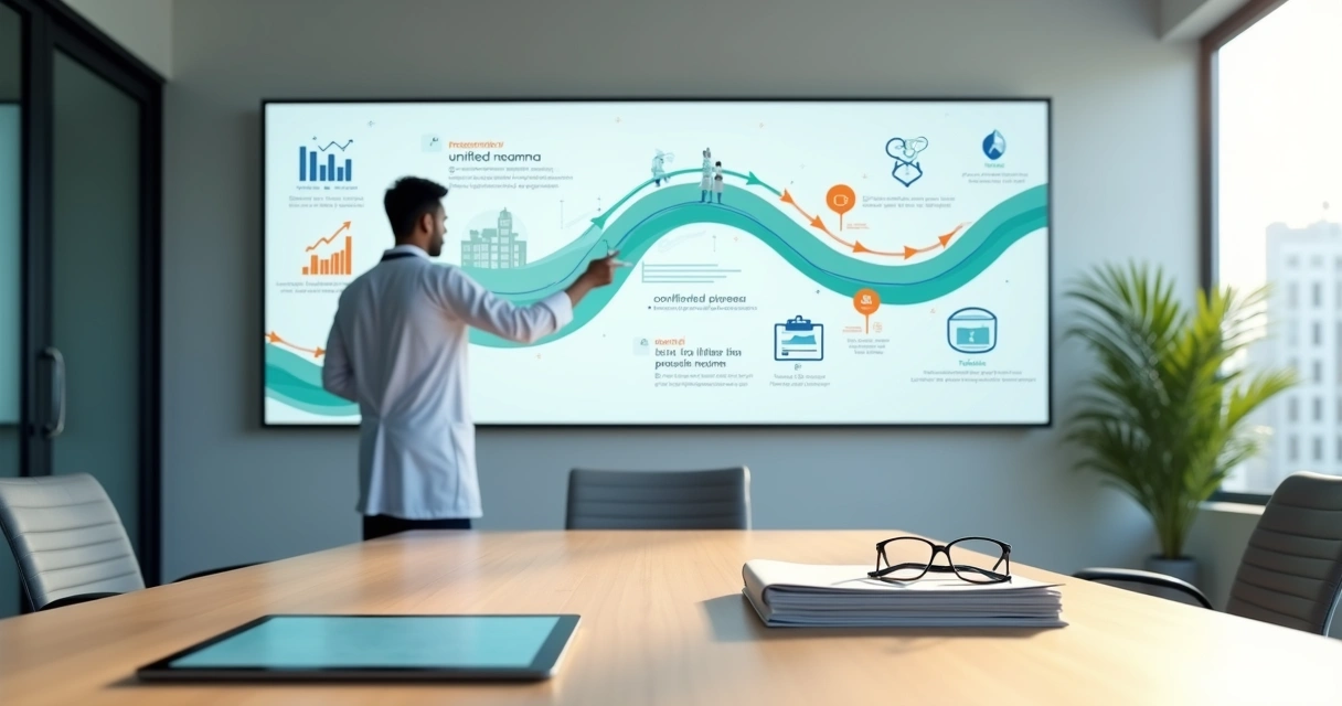 Doctor analyzing unified revenue roadmap on wall with clinic course and mentoring icons 