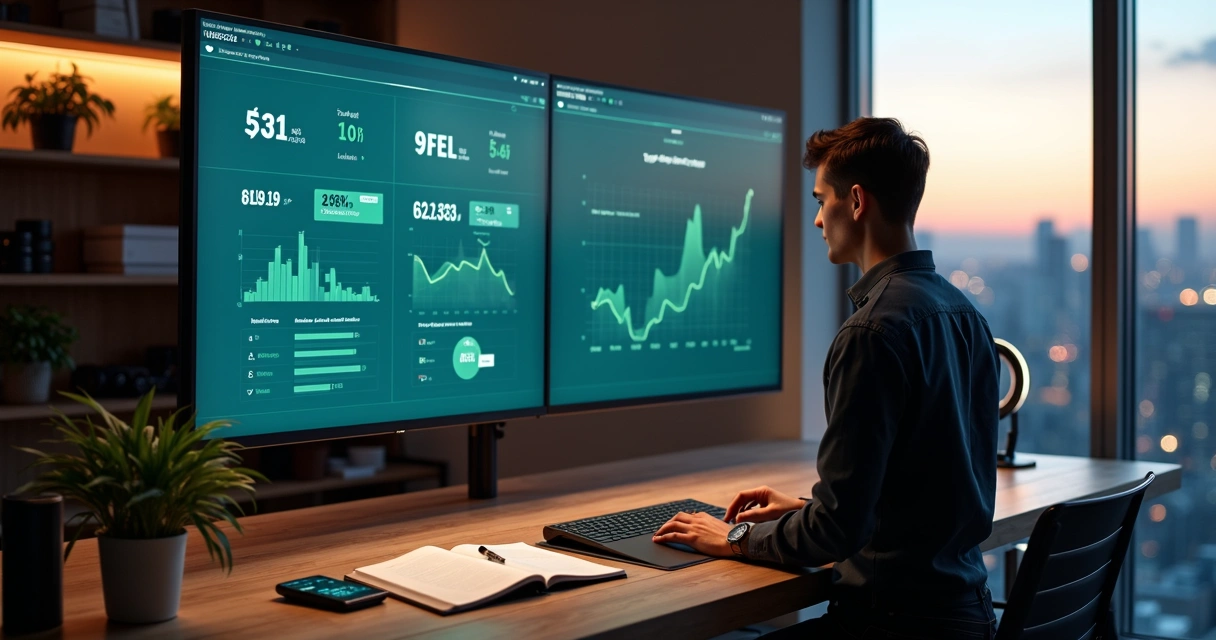 Entrepreneur in digital studio comparing MEI and digital business numbers on a large screen 