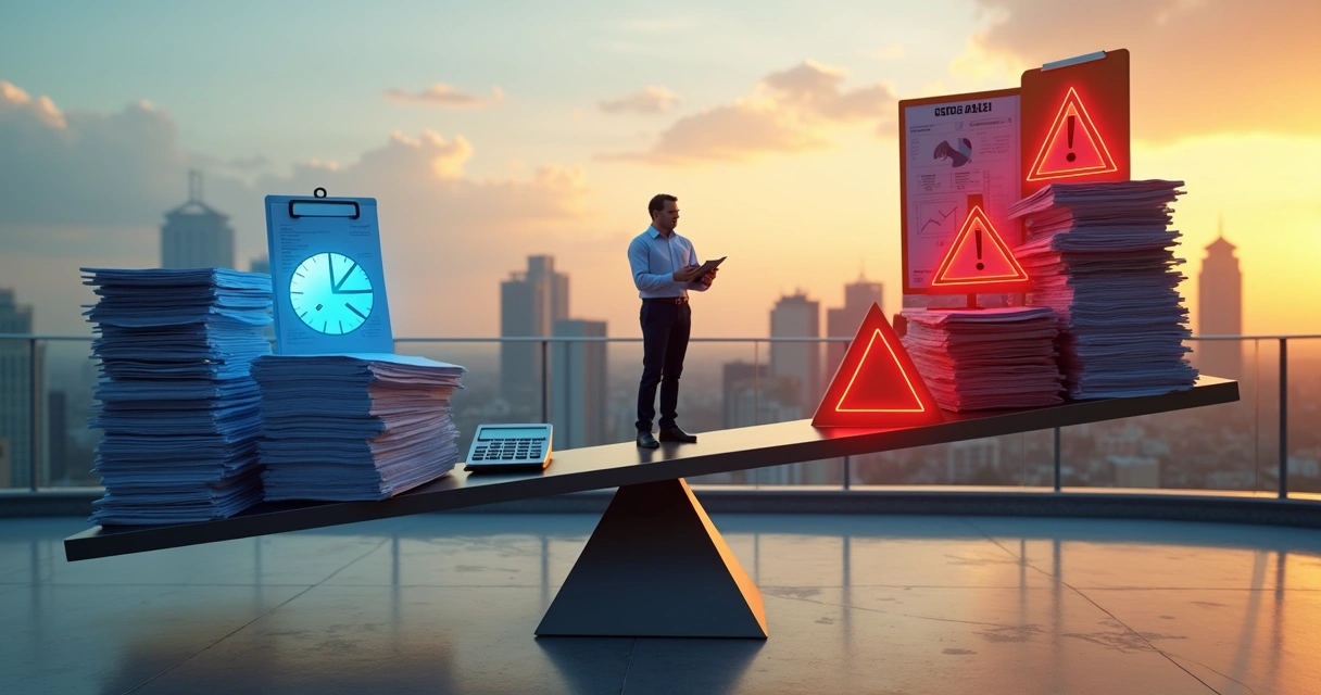 Entrepreneur balancing fiscal risk on seesaw with tax symbols 