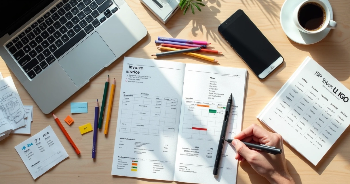 Freelancer designer workspace with sketches and tax planning on laptop