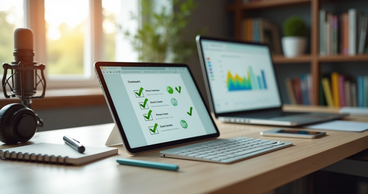 Infoprodutor organizing accountant checklist on tablet beside recording setup 