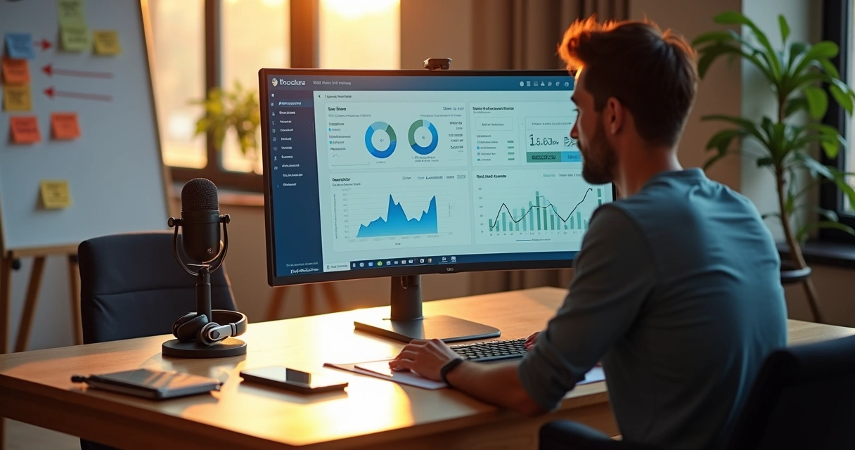 Infoprodutor digital diante de painel com vendas online e gráficos financeiros organizados