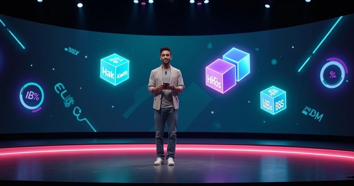 Digital creator on stage with tax icons and streaming interface around 