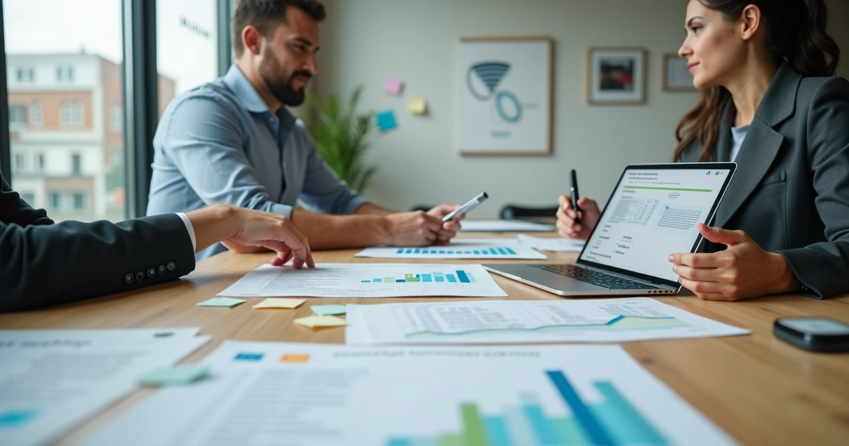 Marketing agency partners comparing accountant options at meeting table