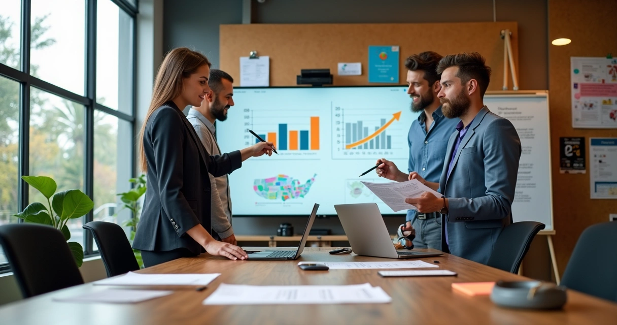 Marketing agency team analyzing projected tax savings charts on office wall 