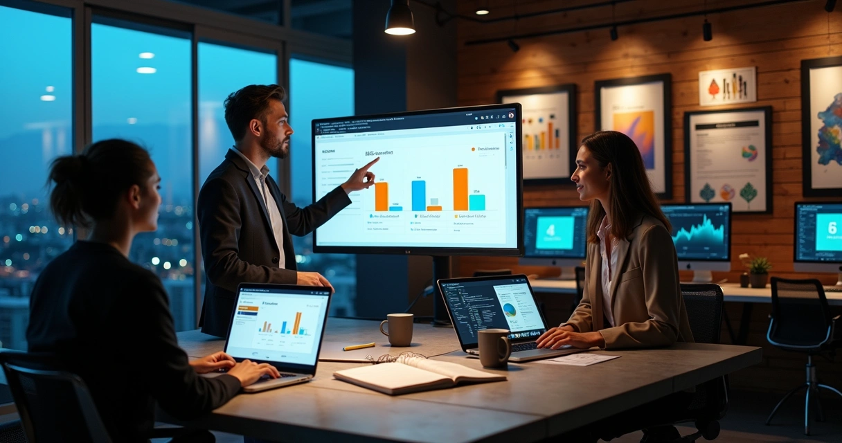Marketing agency team analyzing tax impact of service fee and media fee on large screen 
