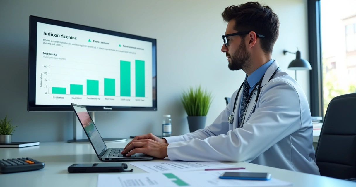 Médico analisando receitas digitais em dashboard financeiro 