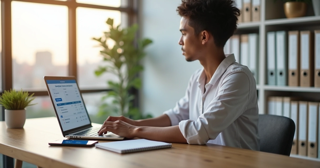 Entrepreneur checking digital invoice details on laptop at organized desk 