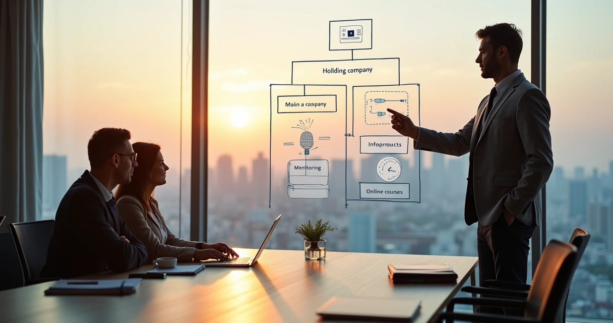 Mentor presenting holding structure strategy on glass wall in meeting room 