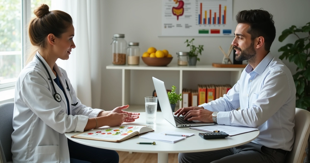 Nutritionist and accountant talking at small office table with clinic notes and financial documents 