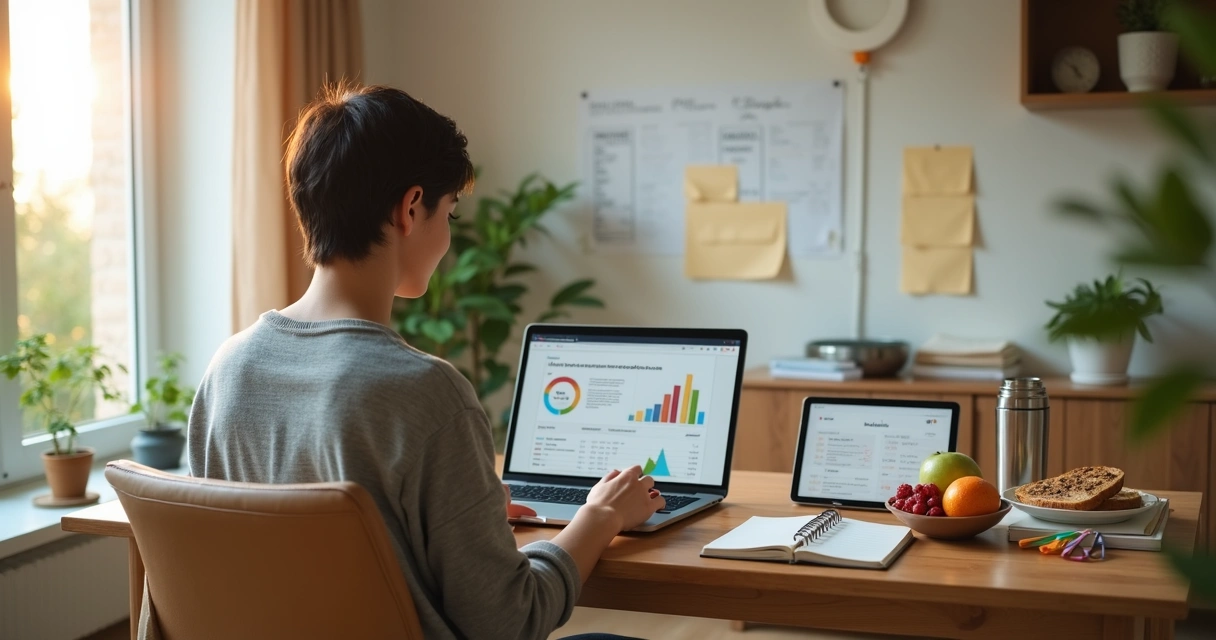 Nutricionista digital analisando gráficos financeiros e planos de curso online na mesa de trabalho 