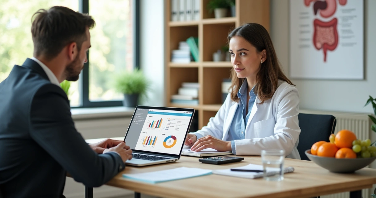 Nutritionist reviewing tax planning charts with accountant in clinic office 
