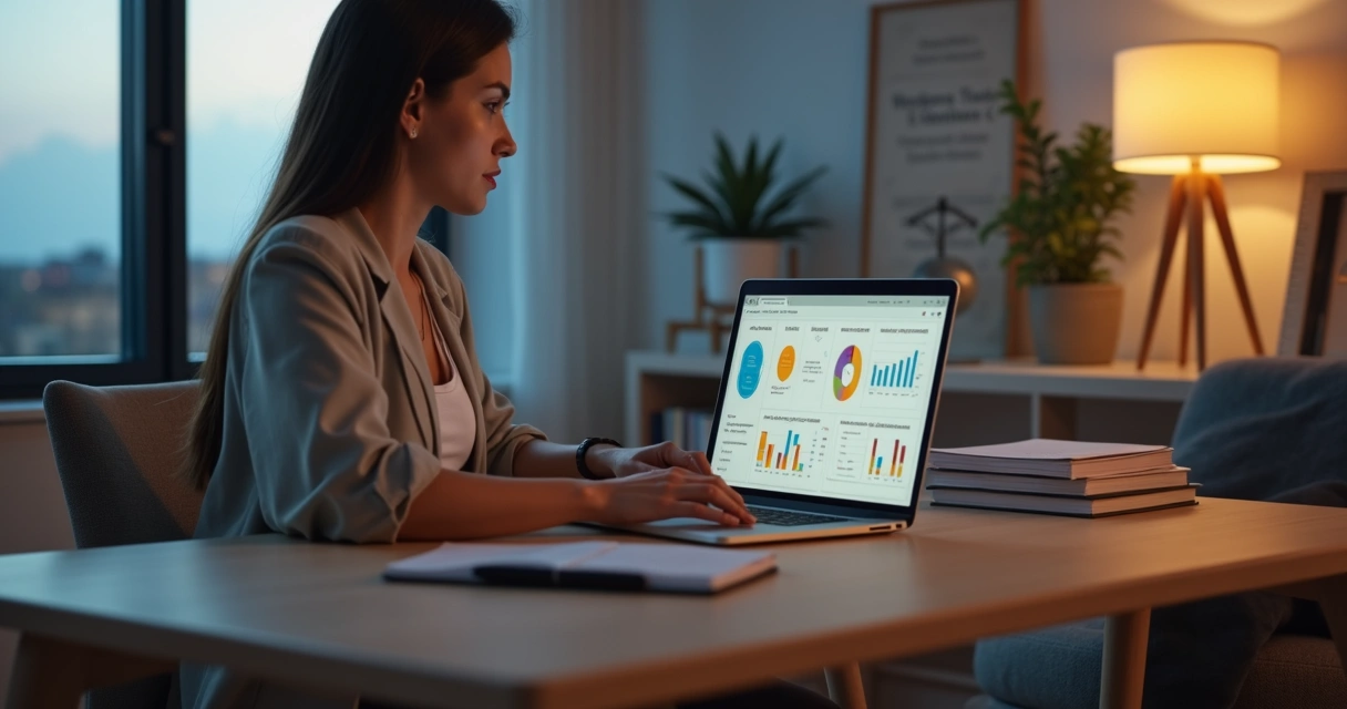 Psychologist at home office reviewing tax reform dashboard on laptop 