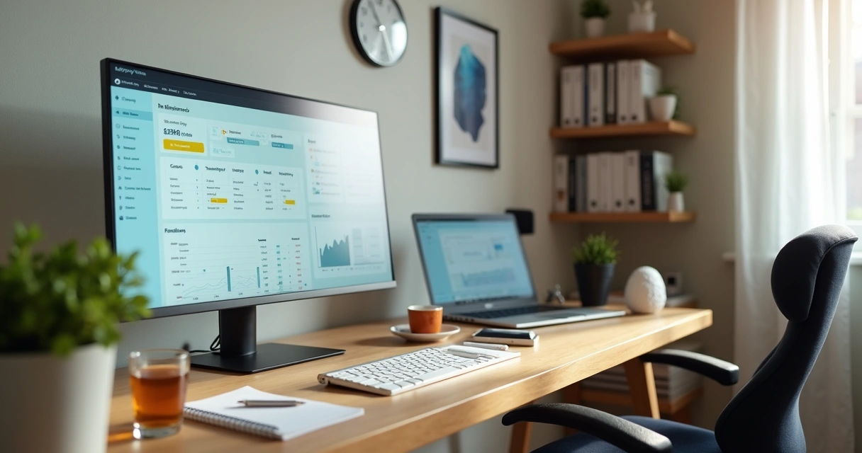 Psychologist in home office checking financial dashboard beside therapy setup 