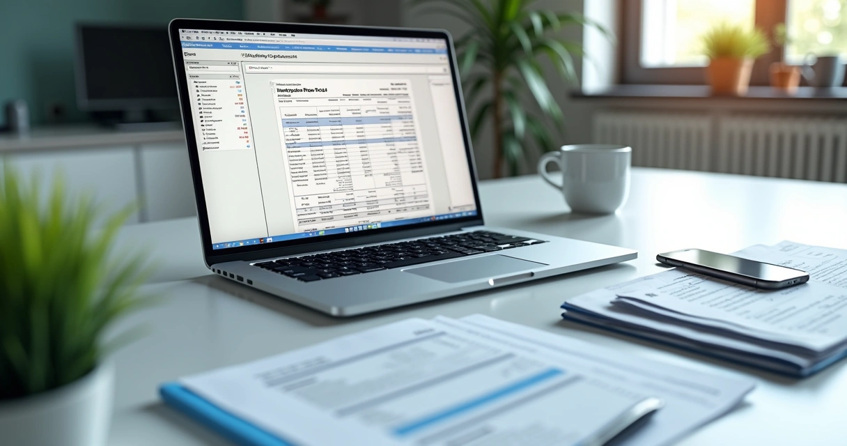 Documentos digitais e notebook em mesa de trabalho 