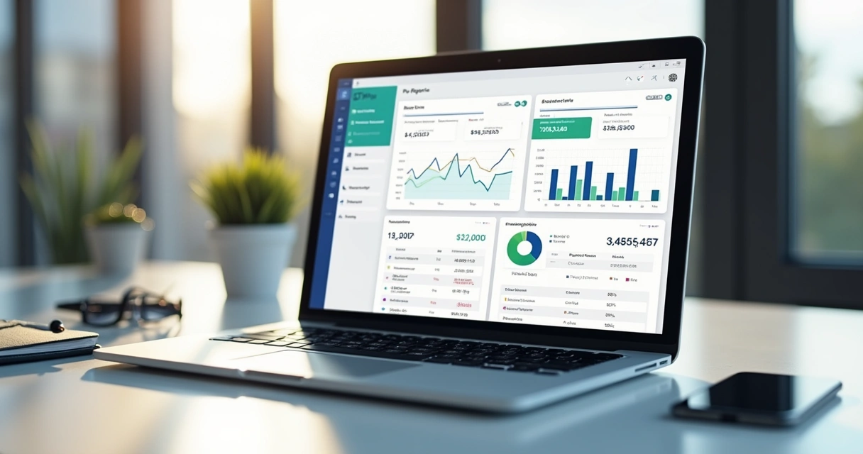 Painel financeiro digital em notebook com relatórios e notas fiscais 