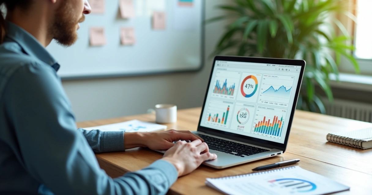 Business owner analyzing financial dashboard with key indicators on laptop 