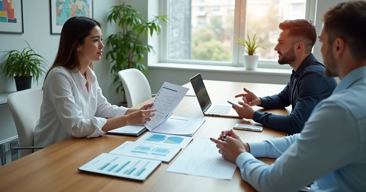 Reunião de contabilidade digital com empresário e contador revisando checklist e documentos