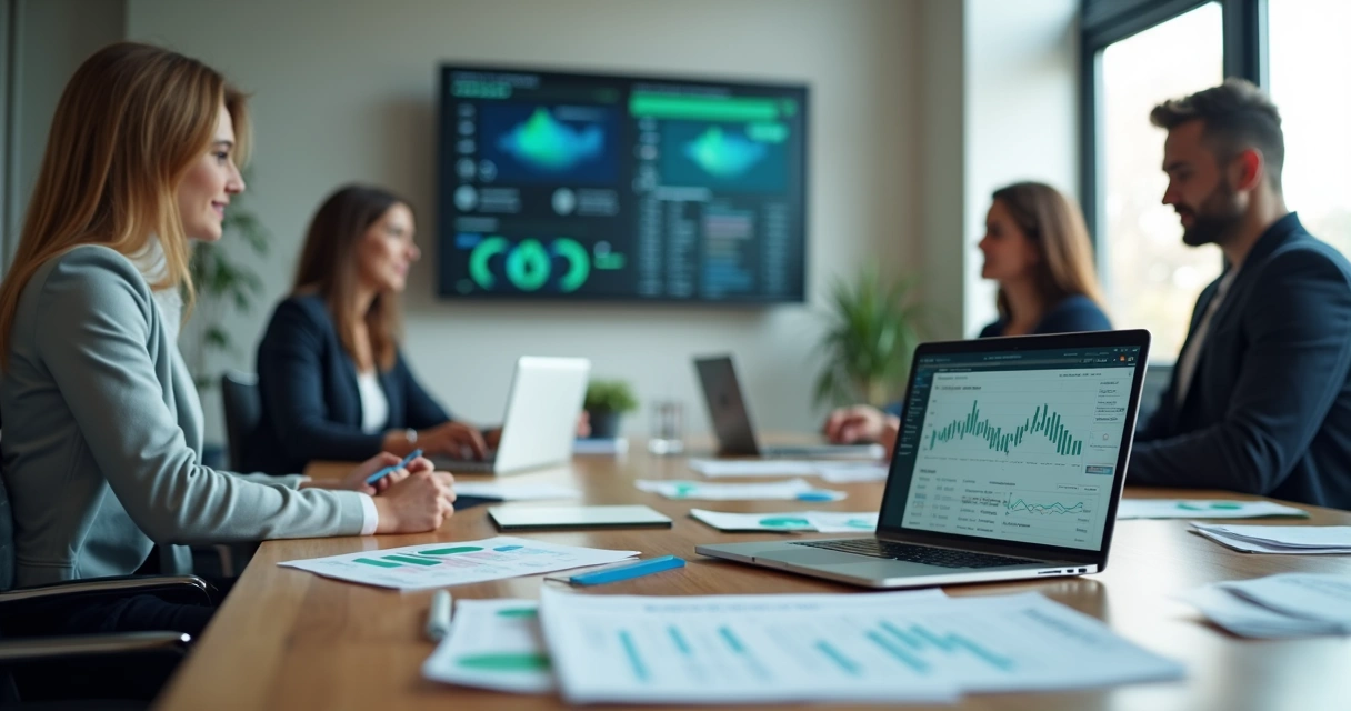 Equipe analisando relatórios financeiros em escritório digital 