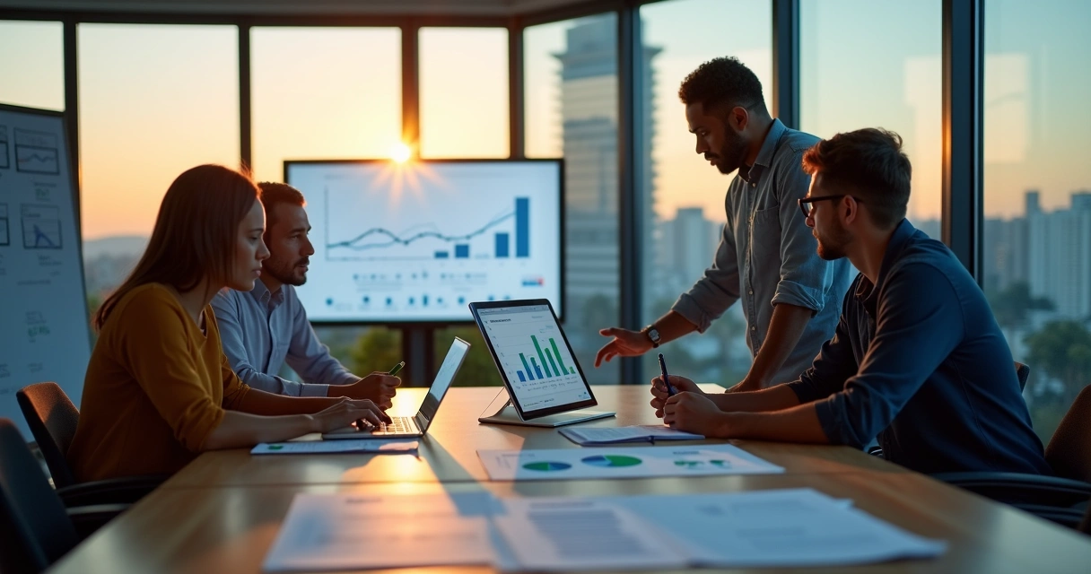 SaaS founders and employee in modern boardroom reviewing stock options charts 