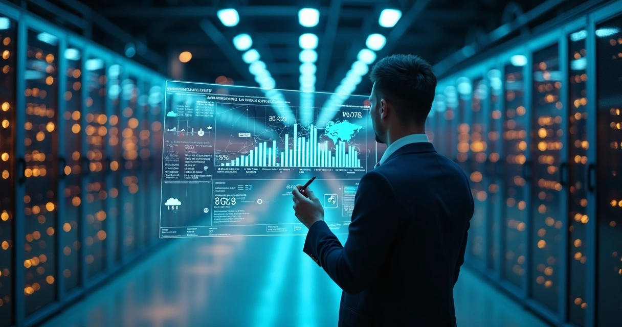 CFO examining tax reform impact on SaaS metrics in high tech server room 