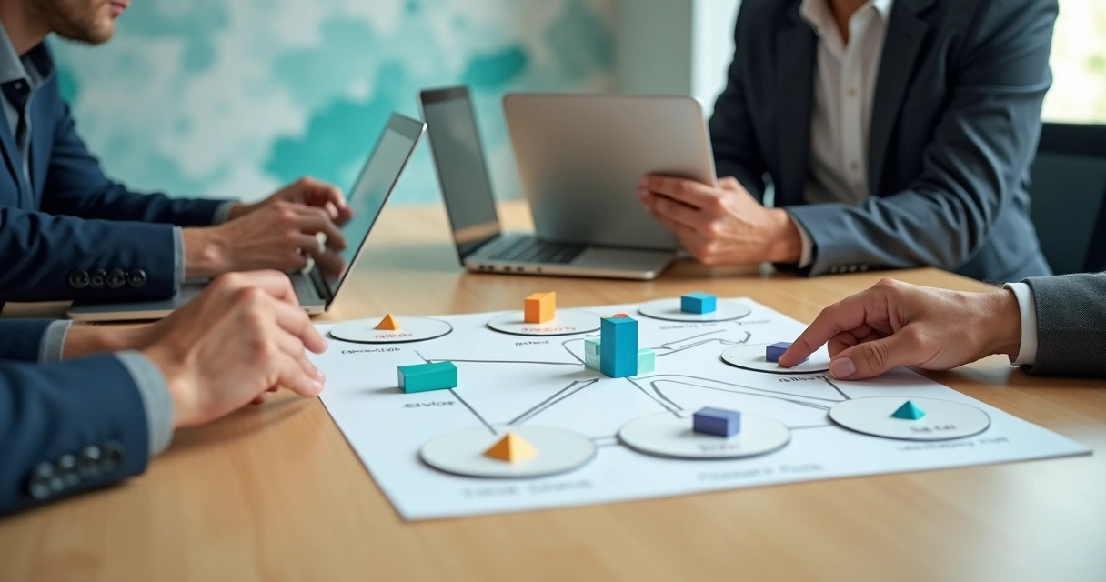 Business partners around table rearranging company ownership blocks 