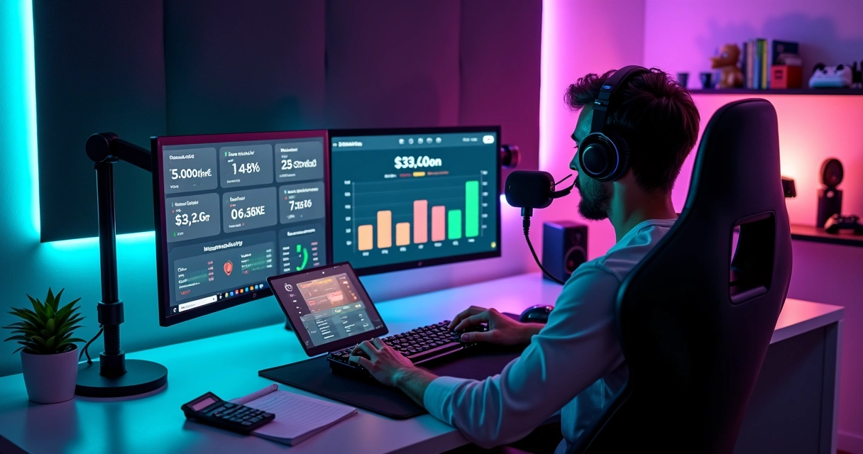 Streamer at gaming setup checking earnings dashboard on tablet 
