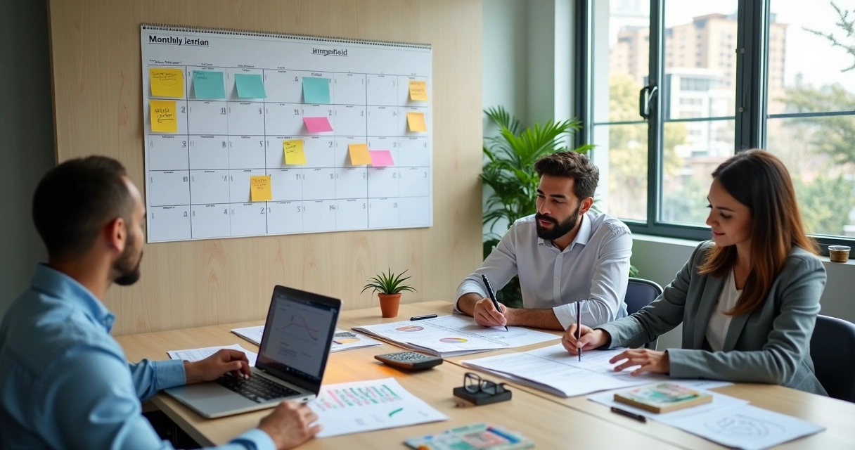 Small team planning payroll around a large wall calendar with charts and currency signs
